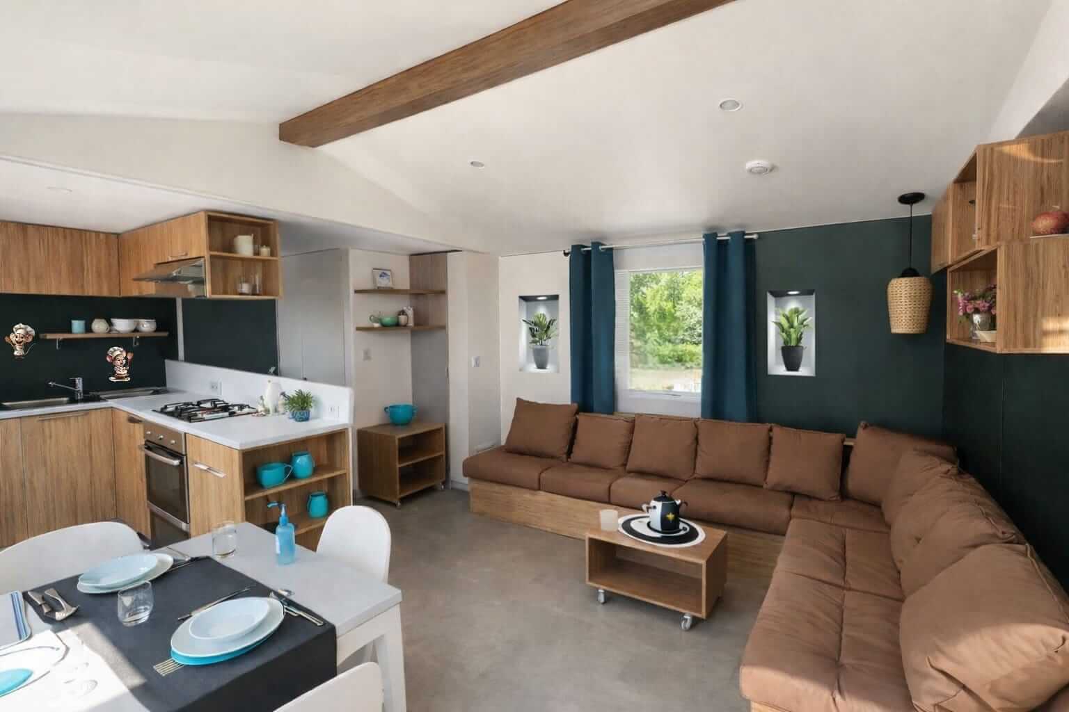 Salon mobil-home spacieux avec canapé d’angle La Palmyre